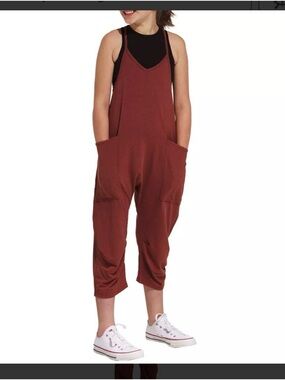 Girls' Rust Red Relaxed Romper with Pockets